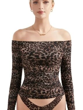 SUUKSESS Mesh Padded Blouse Off Shoulder Long Sleeve Ruched Sides Size MEDIUM